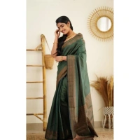 Shopnav Women's Litchi silk Printed Saree With Unstitched Blouse (Green)