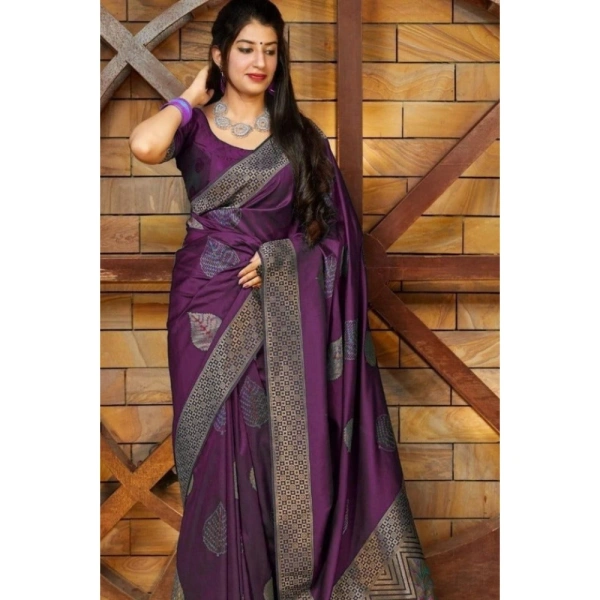 Shopnav Women's Litchi silk Printed Saree With Unstitched Blouse (Purple)