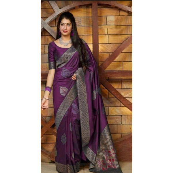 Shopnav Women's Litchi silk Printed Saree With Unstitched Blouse (Purple)