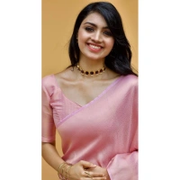 Shopnav Women's Litchi silk Printed Saree With Unstitched Blouse (Light Pink)