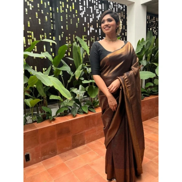 Shopnav Women's Litchi silk Printed Saree With Unstitched Blouse (Gold)