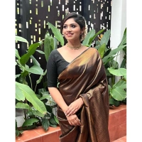 Shopnav Women's Litchi silk Printed Saree With Unstitched Blouse (Gold)