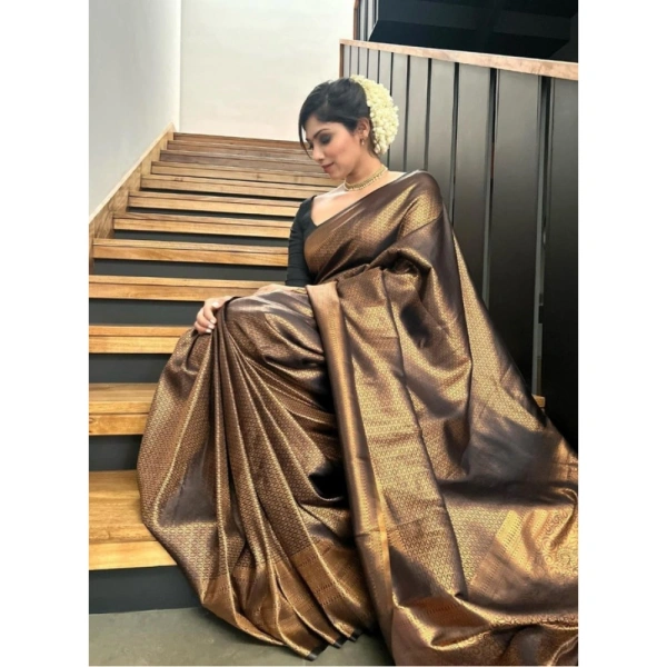 Shopnav Women's Litchi silk Printed Saree With Unstitched Blouse (Gold)