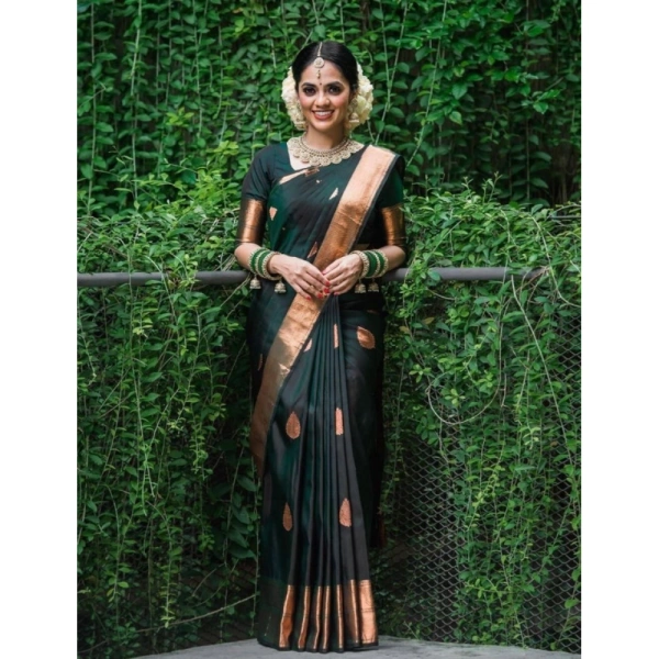 Shopnav Women's Litchi silk Printed Saree With Unstitched Blouse (Green)