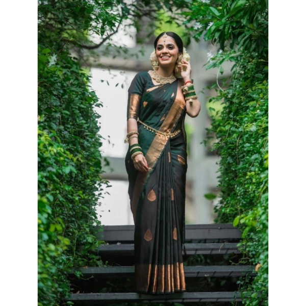 Shopnav Women's Litchi silk Printed Saree With Unstitched Blouse (Green)