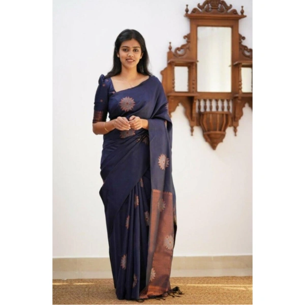 Shopnav Women's Litchi silk Printed Saree With Unstitched Blouse (Dark Blue)