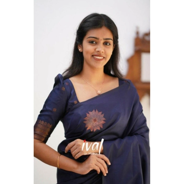 Shopnav Women's Litchi silk Printed Saree With Unstitched Blouse (Dark Blue)