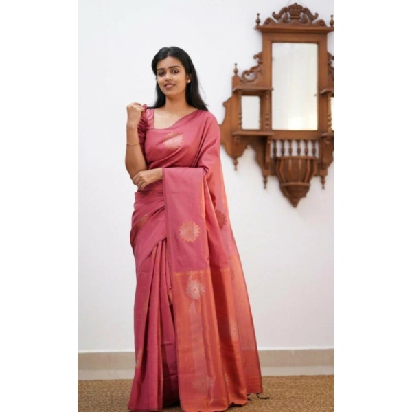 Shopnav Women's Litchi silk Printed Saree With Unstitched Blouse (Peach)