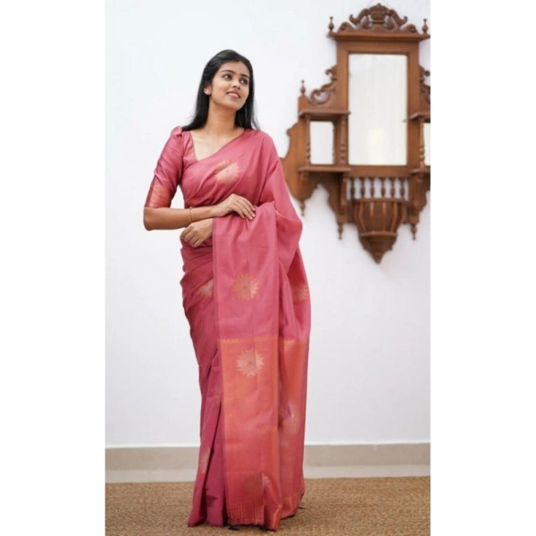 Shopnav Women's Litchi silk Printed Saree With Unstitched Blouse (Peach)