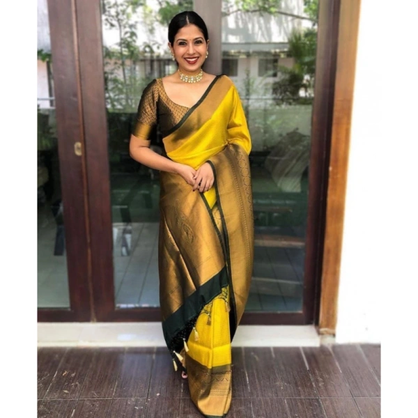 Shopnav Women's Litchi silk Printed Saree With Unstitched Blouse (Yellow)