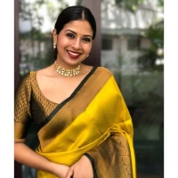 Shopnav Women's Litchi silk Printed Saree With Unstitched Blouse (Yellow)