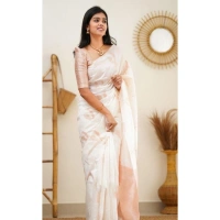 Shopnav Women's Litchi silk Printed Saree With Unstitched Blouse (White)
