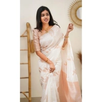 Shopnav Women's Litchi silk Printed Saree With Unstitched Blouse (White)