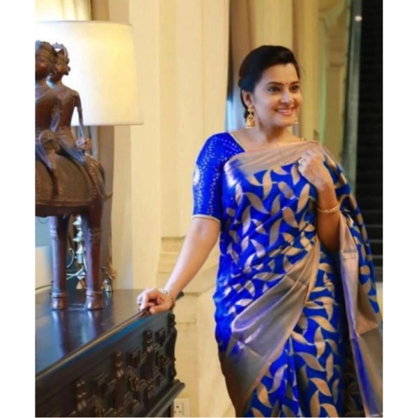 Shopnav Women's Litchi silk Printed Saree With Unstitched Blouse (Blue)