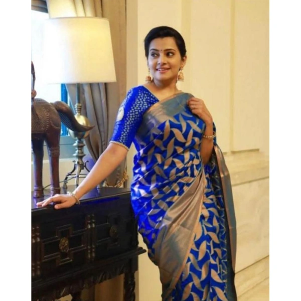 Shopnav Women's Litchi silk Printed Saree With Unstitched Blouse (Blue)