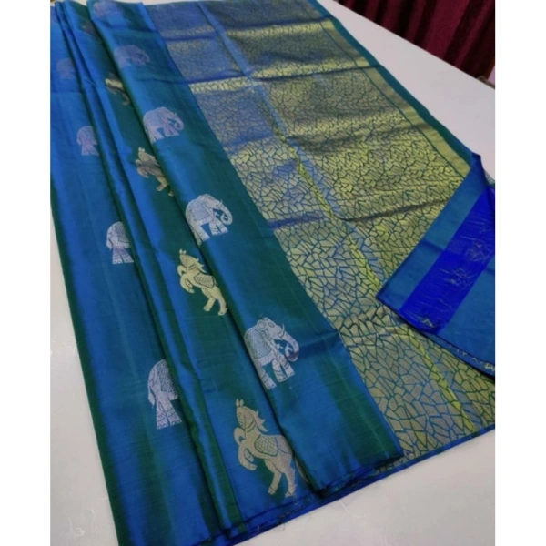 Shopnav Women's Litchi silk Printed Saree With Unstitched Blouse (Turquise Blue)