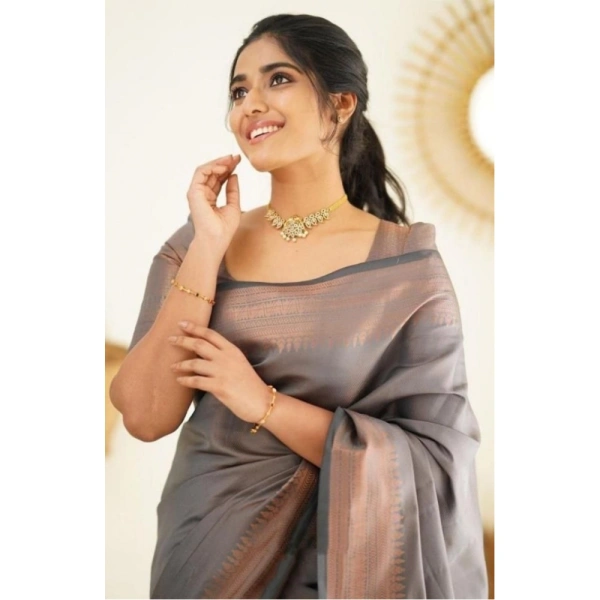 Shopnav Women's Litchi silk Printed Saree With Unstitched Blouse (Grey)