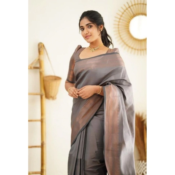 Shopnav Women's Litchi silk Printed Saree With Unstitched Blouse (Grey)