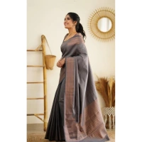 Shopnav Women's Litchi silk Printed Saree With Unstitched Blouse (Grey)