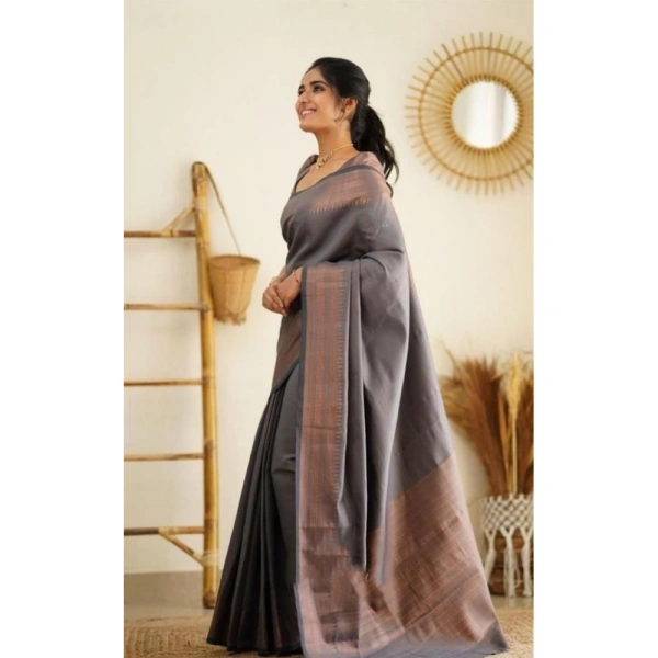 Shopnav Women's Litchi silk Printed Saree With Unstitched Blouse (Grey)
