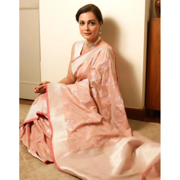 Shopnav Women's Litchi silk Printed Saree With Unstitched Blouse (Peach)