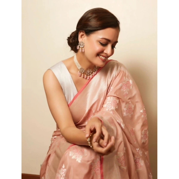 Shopnav Women's Litchi silk Printed Saree With Unstitched Blouse (Peach)