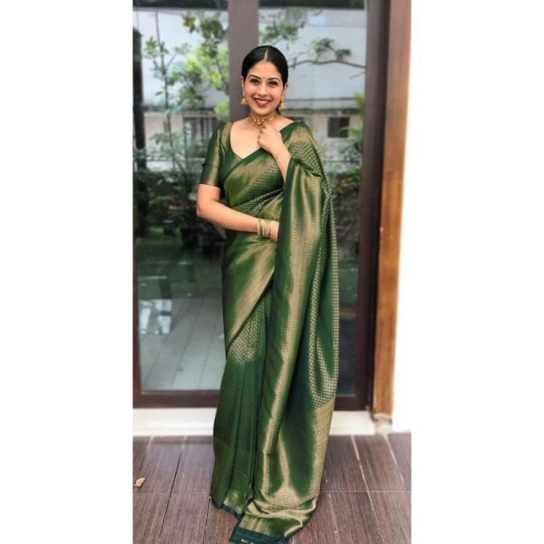 Shopnav Women's Litchi silk Printed Saree With Unstitched Blouse (Green)
