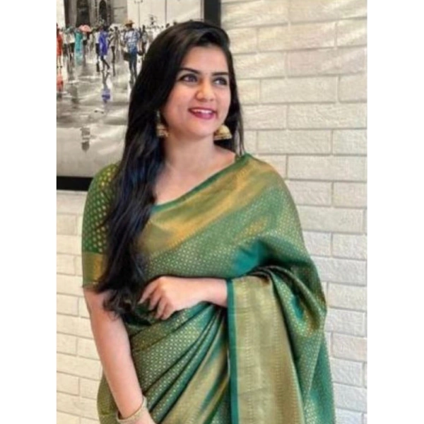 Shopnav Women's Litchi silk Printed Saree With Unstitched Blouse (Green)