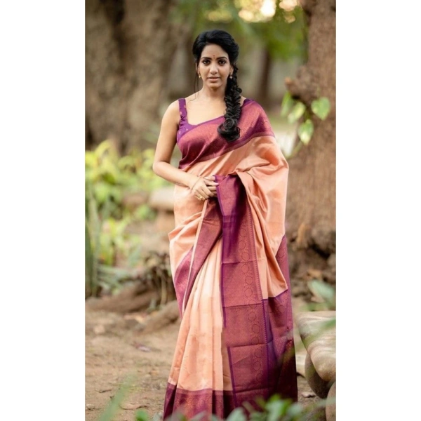 Shopnav Women's Litchi silk Printed Saree With Unstitched Blouse (Beige)