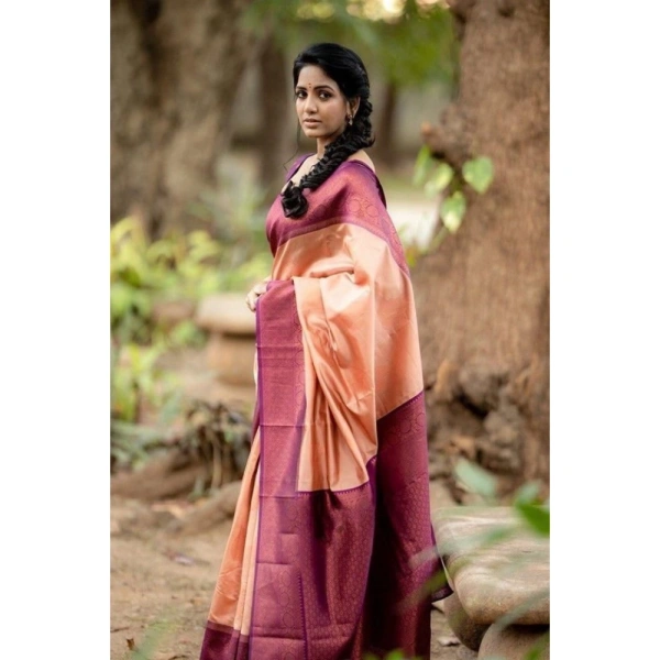 Shopnav Women's Litchi silk Printed Saree With Unstitched Blouse (Beige)