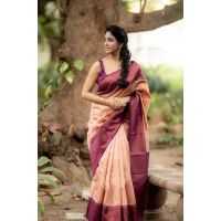 Shopnav Women's Litchi silk Printed Saree With Unstitched Blouse (Beige)