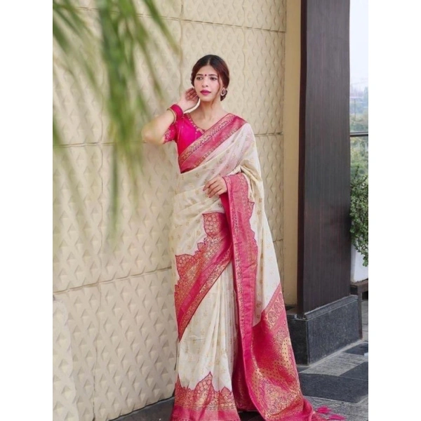 Shopnav Women's Litchi silk Printed Saree With Unstitched Blouse (Half White)