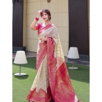 Shopnav Women's Litchi silk Printed Saree With Unstitched Blouse (Half White)
