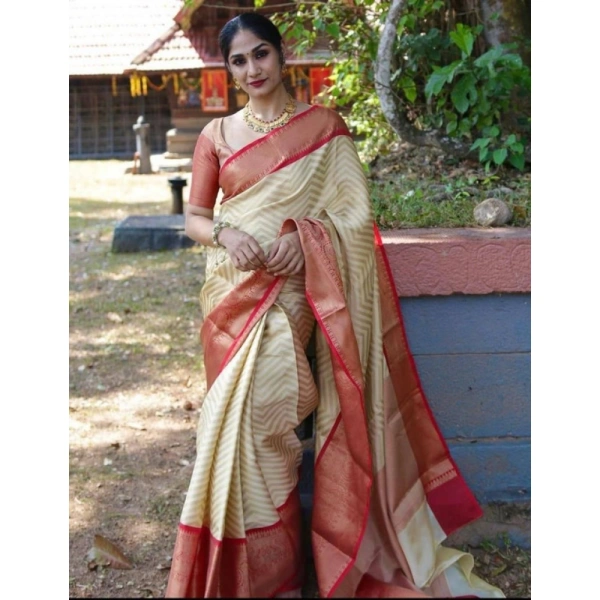 Shopnav Women's Litchi silk Printed Saree With Unstitched Blouse (Beige)