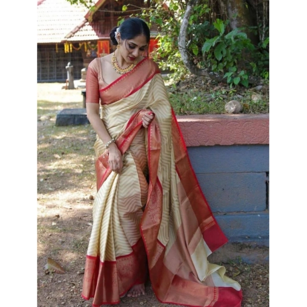 Shopnav Women's Litchi silk Printed Saree With Unstitched Blouse (Beige)