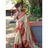 Shopnav Women's Litchi silk Printed Saree With Unstitched Blouse (Beige)