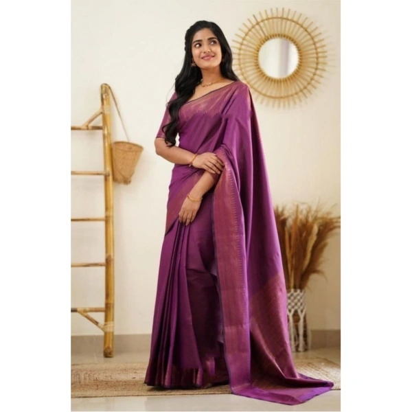 Shopnav Women's Litchi silk Printed Saree With Unstitched Blouse (Purple)
