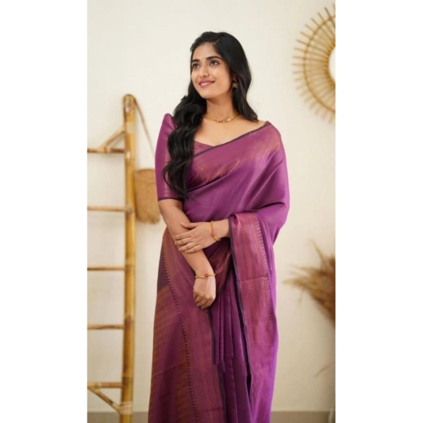 Shopnav Women's Litchi silk Printed Saree With Unstitched Blouse (Purple)