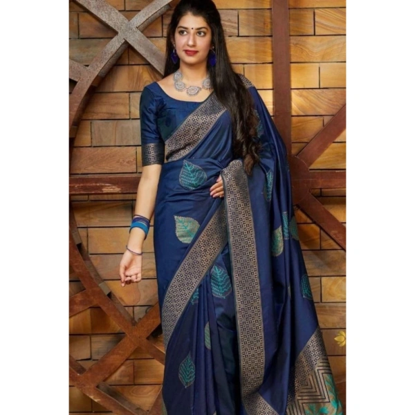 Shopnav Women's Litchi silk Printed Saree With Unstitched Blouse (Blue)