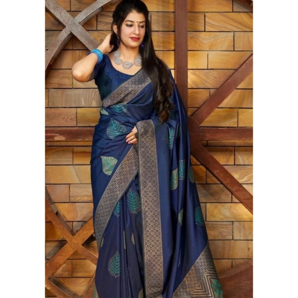 Shopnav Women's Litchi silk Printed Saree With Unstitched Blouse (Blue)