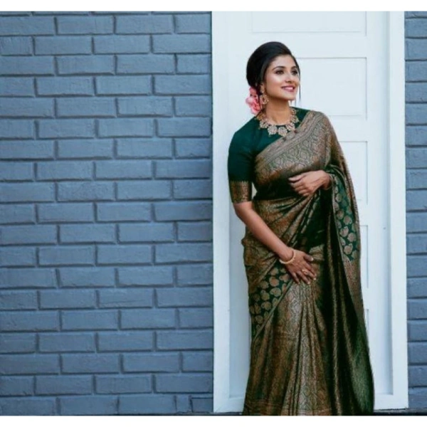 Shopnav Women's Litchi silk Printed Saree With Unstitched Blouse (Green)
