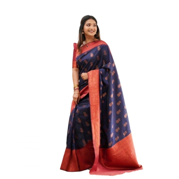 Shopnav Women's Litchi silk Printed Saree With Unstitched Blouse (Blue)