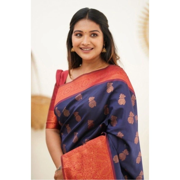Shopnav Women's Litchi silk Printed Saree With Unstitched Blouse (Blue)