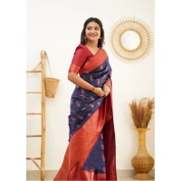 Shopnav Women's Litchi silk Printed Saree With Unstitched Blouse (Blue)