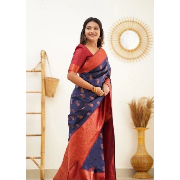 Shopnav Women's Litchi silk Printed Saree With Unstitched Blouse (Blue)