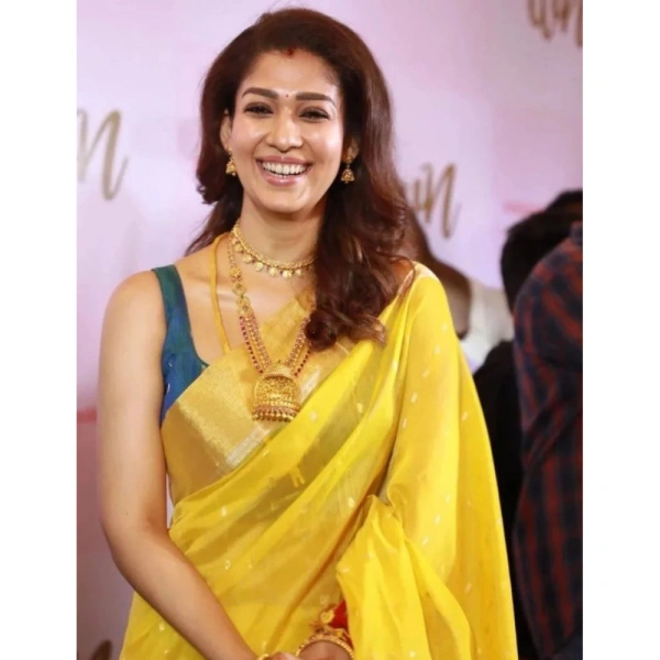 Shopnav Women's Litchi silk Printed Saree With Unstitched Blouse (Yellow)