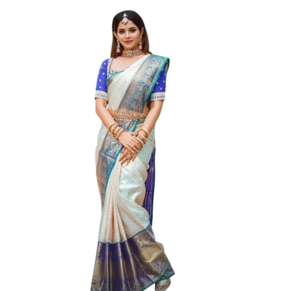 Shopnav Women's Litchi silk Printed Saree With Unstitched Blouse (Off White)
