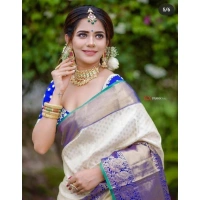 Shopnav Women's Litchi silk Printed Saree With Unstitched Blouse (Off White)