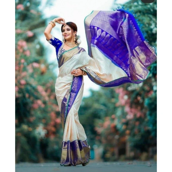 Shopnav Women's Litchi silk Printed Saree With Unstitched Blouse (Off White)