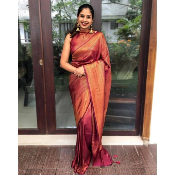 Shopnav Women's Litchi silk Printed Saree With Unstitched Blouse (Red)